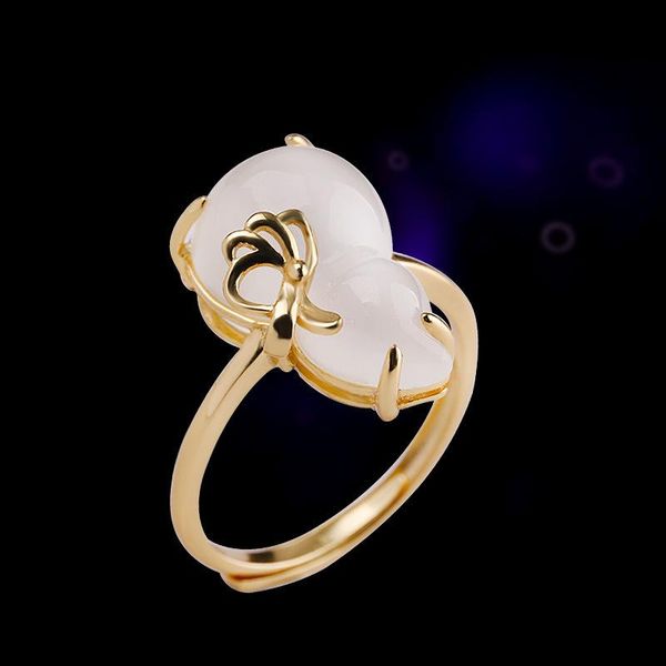 

cluster rings metjakt fashion classic elegant s925 sterling silver hetian jade gourd women's open ring, Golden;silver