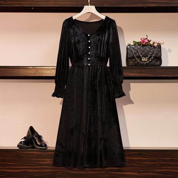 

casual dresses 2021 autumn elegant women's v neck pleuche flare long sleeves a line dress female a4336, Black;gray