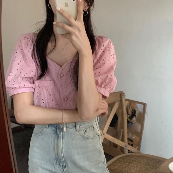 

women's blouses & shirts women 2021 summer korean style embroidery shirt hollow crochet single-breasted short sleeve cardigan top, White