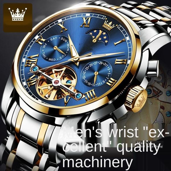 

wristwatches elegant star double show brand watch, automatic hollow waterproof men's calm cooperation negotiation mechanical watch, Slivery;brown