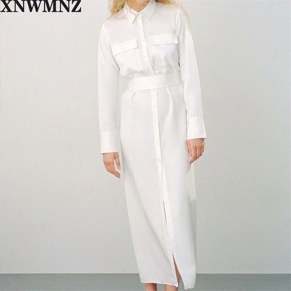Kadınlar Denim Beyaz Uzun Elbise Sashes Cebi Turn Down Yaka Kollu Bayanlar Zarif Maxi Elbise Vestidos Robe Femme 210520