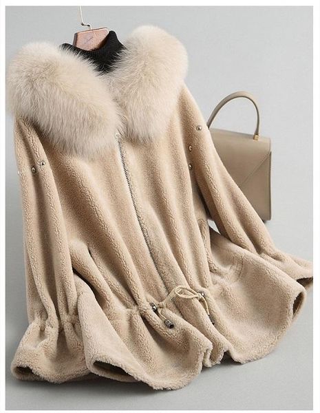 

women's fur & faux a18078 women winter real wool shearing lapel over size parka warm jacket girl coat lady long, Black