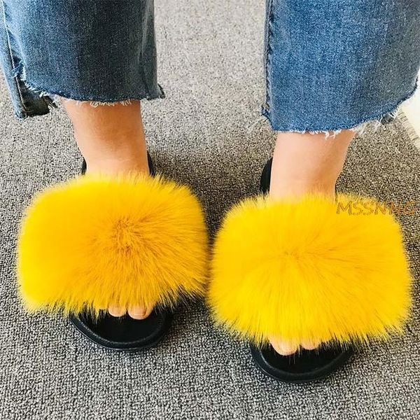 

summer fluffy flip flops women real fur slippers home slides woman furry sandals house shoes warm, Black