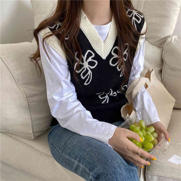 

women's knits & tees vintage flower pullover vest loose sleevless sweater women preppy style kawaii autumn winter black knitted crop to, White