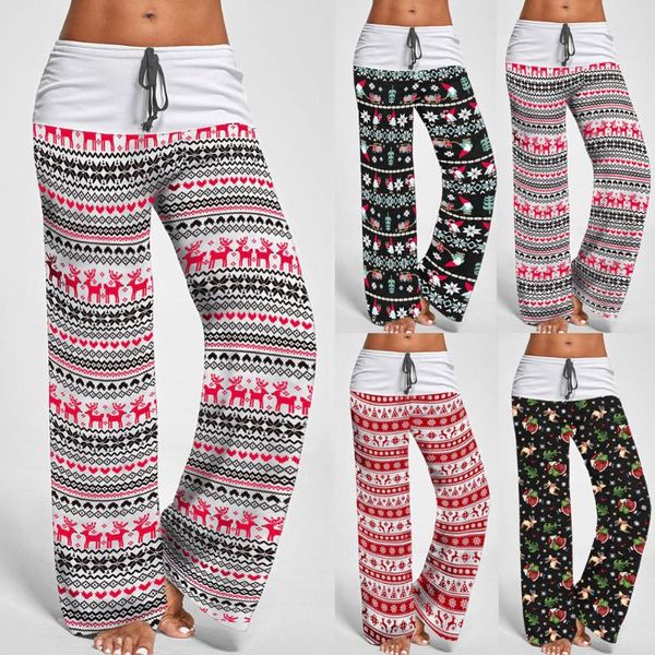 

women's pants & capris women christmas printed long elastic high waist drawstring casual trousers lf88, Black;white