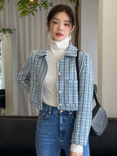 

dazy plaid pattern dual pocket tweed overcoat e5xa#, Black