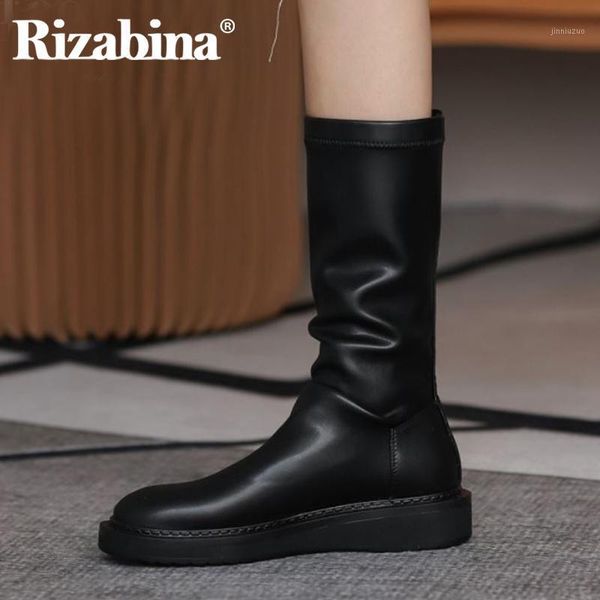

boots rizabina women half short flat heel mid calf fashion winter autumn shoes ladies footwear size 33-421, Black