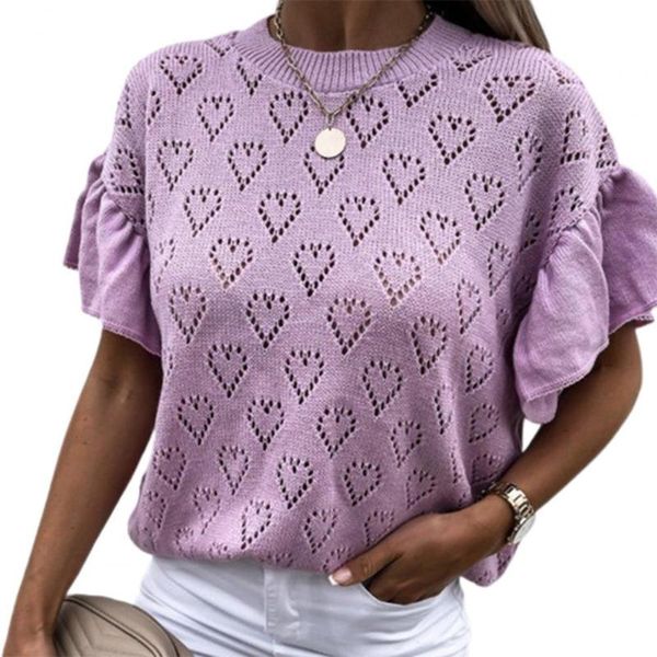 

women t-shirt hollow heart knitted solid color spring summer shorts ruffle sleeve elegant party t shirt tshirts women's, White