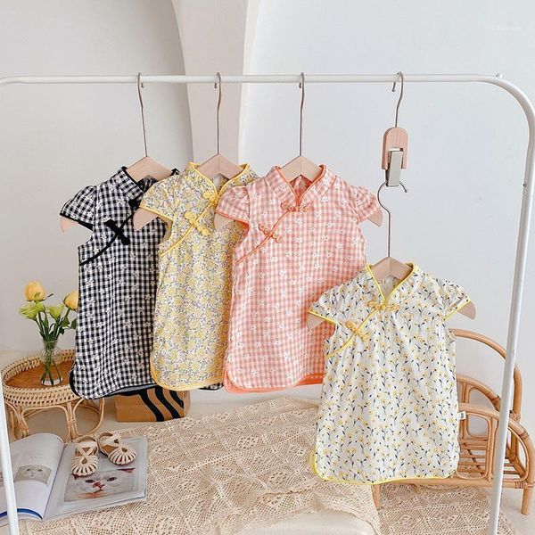 

girl's dresses baby girls casual cotton kids chinese style cheongsam clothes flowers party dress children outfits clothing, Red;yellow