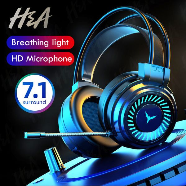 

h&a gaming headsets gamer headphones surround sound stereo wired earphones usb microphone colourful light pc lapgame headset
