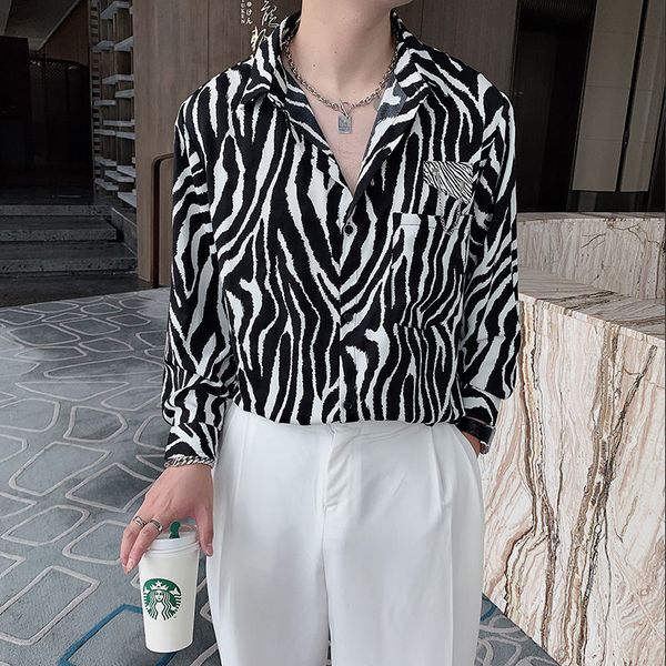 

men's casual shirts italian men's zebra printed long sleeved shirt, casual korean style, fashion, brand, White;black