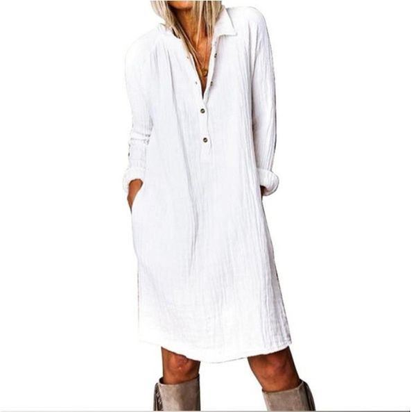

casual dresses for women fashion loose solid color straight white dress cotton linen lapel shirt midi vestidos de mujer, Black;gray