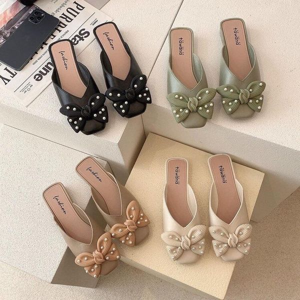

women baotou slippers korean bowknot square toe muller sandals outdoor beach casual half bag comfortable, Black