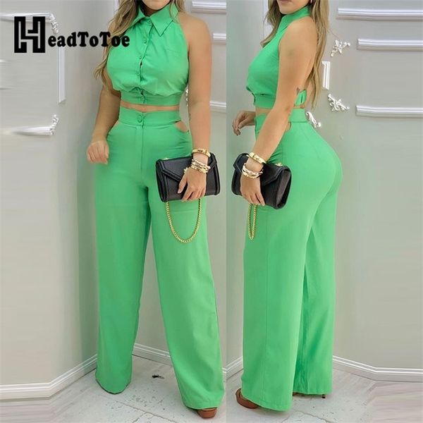 

button design plain shirt & pants set women summer two piece 211105, White