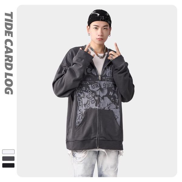 

men's hoodies & sweatshirts tidecardlog oversized streetwear graphic zip up sweatshirt high street vintage men harajuku trendy casual 3, Black