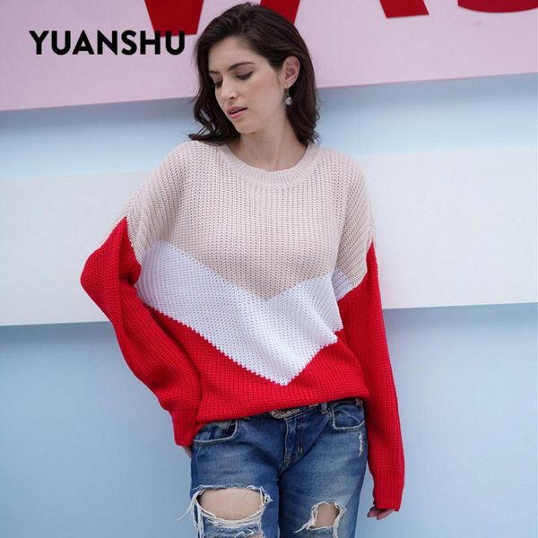 

women's sweaters yuanshu plus size knitted sweater women o neck patchwork long sleeve pullover autumn casual ladies knitwear, White;black