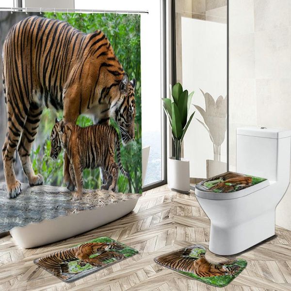 

shower curtains tiger forest scenery curtain wild animals grizzly giraffe pattern home deco bath mat toilet lid cover bathroom carpet set