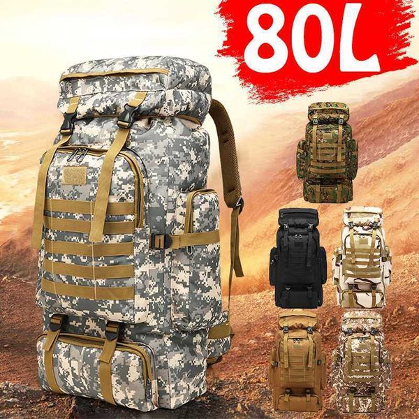 80L Nylon à prova de água Acampamento Oxford Tecido Outdoor Saco Mochila Militar Tactical Army Trouxa para escalada ao ar livre Caminhada 72x34x17cm