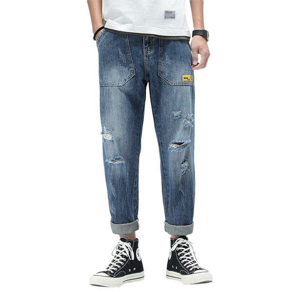 

mens jeans ripped baggy spring summer hollow out loose fit distressed trousers men wide leg pants male hip hop jeans oversize 42 x0621, Blue