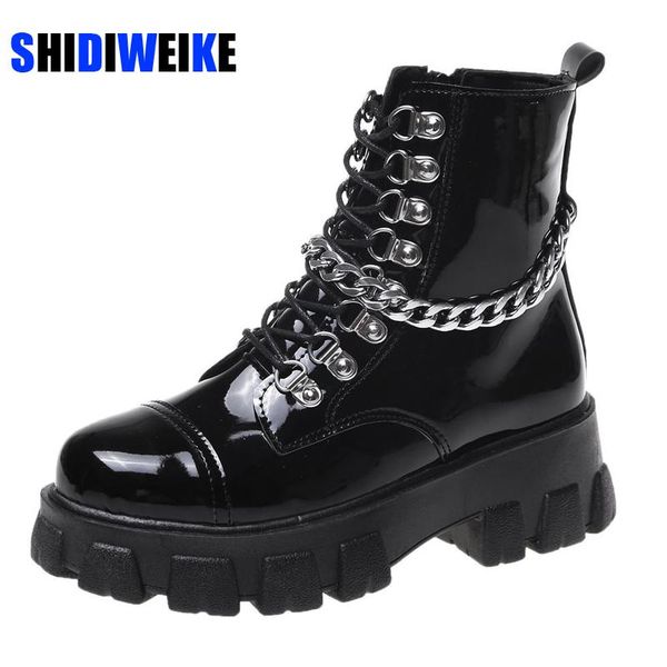 

boots fashion metal chain platform women 2021 punk rivet patent leather ankle woman gothic black heels shoes ad445