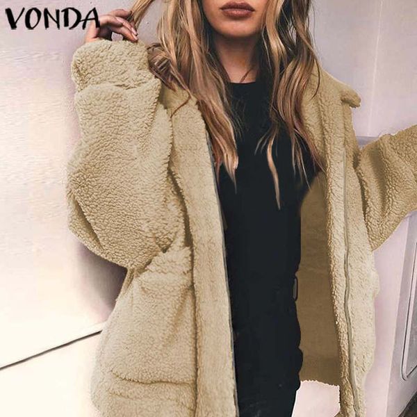 

sweaters warm vonda women jackets casual faux fur coats zipper long sleeve hooded cardigan 2021 autumn overcoat plus size 5xl, White;black