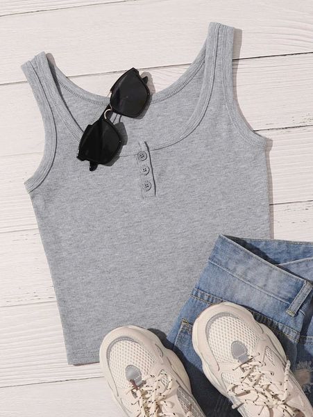 

solid button rib-knit tank v8yc#, White