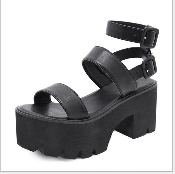 

sandals ankle strap summer fashion women open toe platform shoes high thick heels female black unique party large size