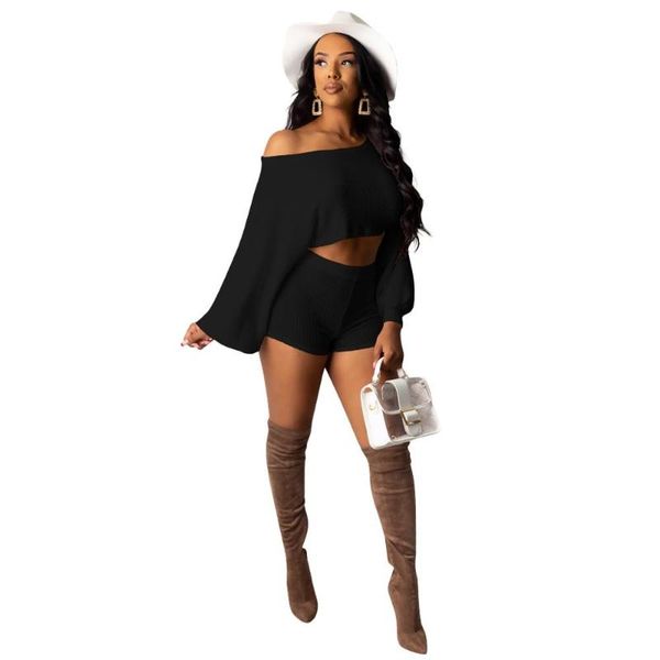 

skew shoulder waffle knitted suit casual pullover hoodie with shorts two piece set night club party tracksuit women women's tracksu, Gray