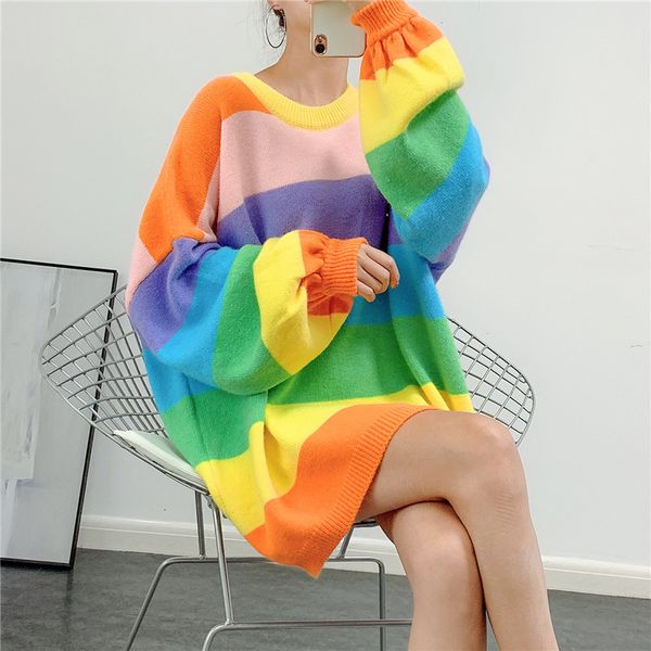 

knits colors striped rainbow women lazy oaf oversized autumn winter long pullover sweater, White