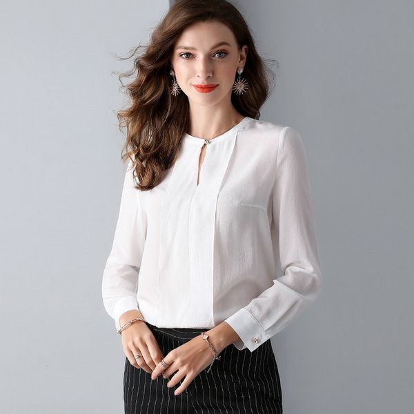 

capris 100%silk blouse shirt 2021 spring summer fashion white blouses women beading button o-neck hollow out office work shirts ol, Black;gray