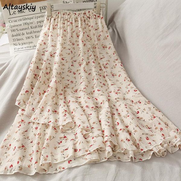 

skirts women chiffon mid-length summer irregular ruffles womens elegant fresh floral arrival high waist a-line holiday chic, Black