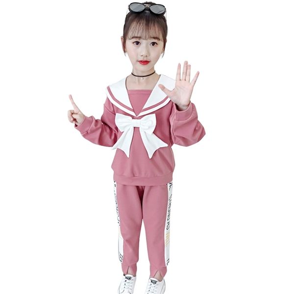 

girls sport clothes sweatshirt + pants outfits patchwork clothing sets spring autumn childrens school 210528, White