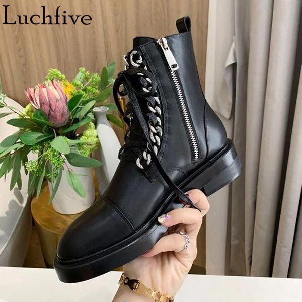 

boots chains leather women's lace up ladies shoes round toe square heels outwear side zipper black ankle