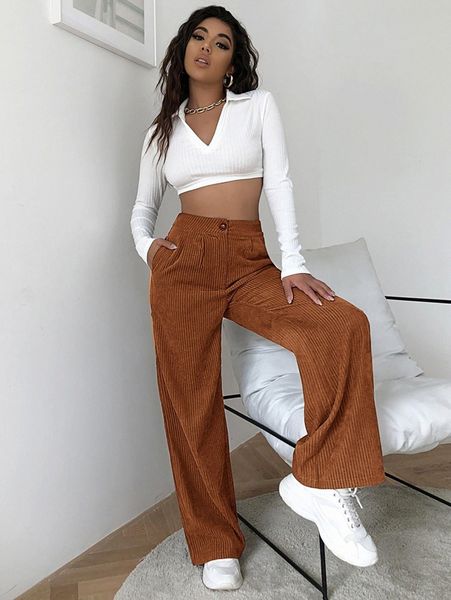 

high waist cord wide leg pants 90bc#, Black;white