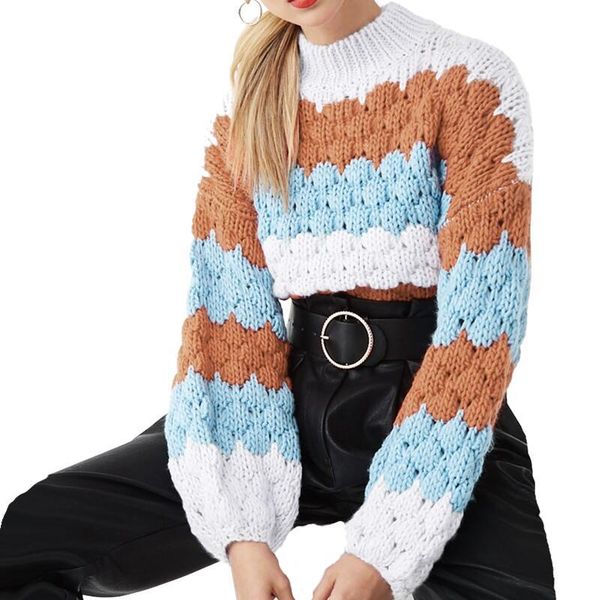 

women's sweaters autumn and winter wave stripe knitted feather hollow o-neck long-sleeved sweater women spell colou casual, White;black
