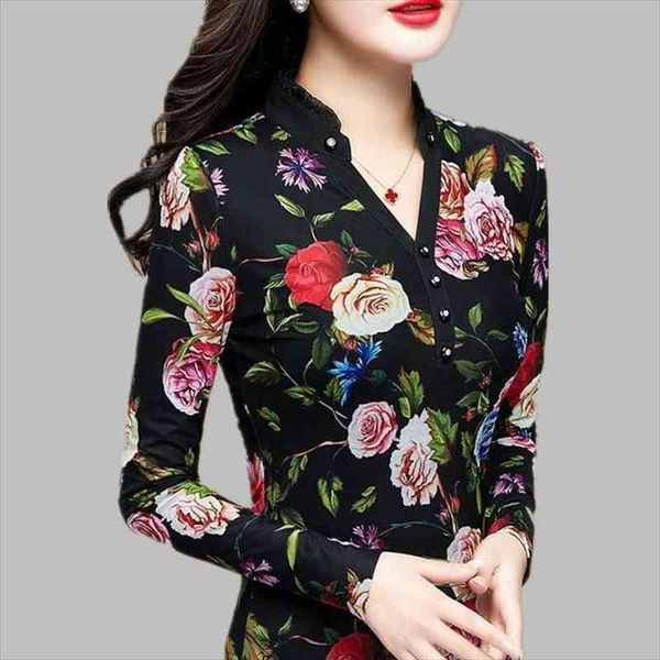 

autumn winter lady net yarn v-neck bottoming shirt women long-sleeved blouse warm button printing plus size 5xl, White