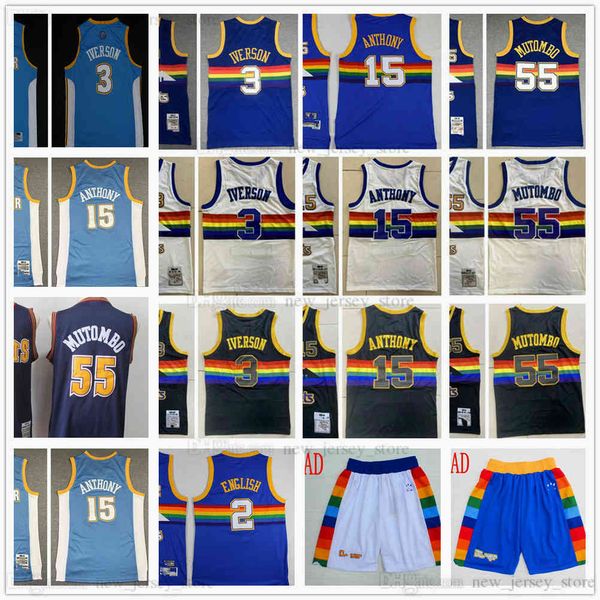 Retro-Basketball Mitchell und Ness 3 Allen Carmelo Iverson Anthony Dikembe 55 Mutombo-Trikots genähte Nachrichten 1 Michael Porter Jr. 15 Nikola Jamal Jokic Murray Shorts