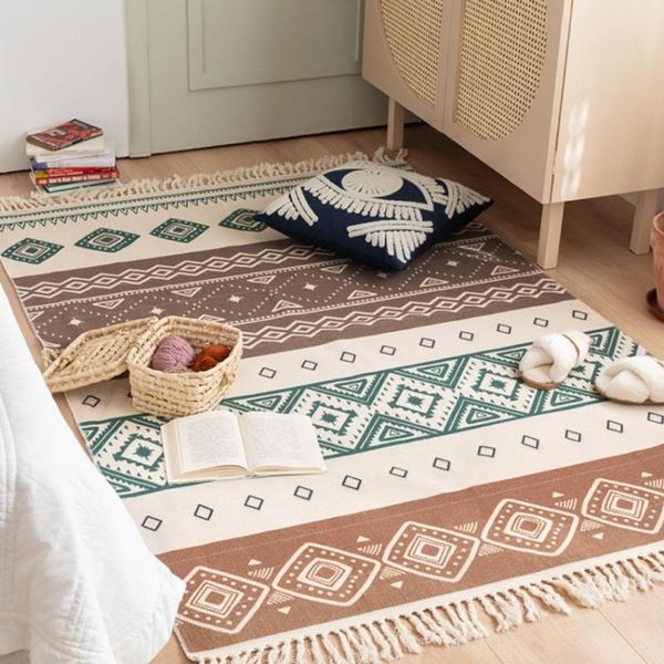 

100% cotton handmade floor mat 120x170cm bohemia style runner tassels design area rug living room/entryway carpets