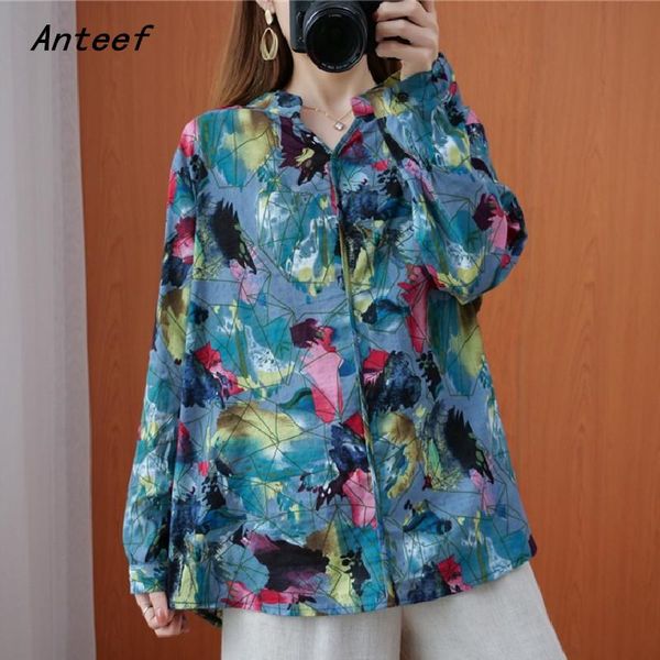 

women's blouses & shirts long sleeve cotton linen autumn vintage floral korean style plus size casual loose shirt women blouse 2021 clo, White