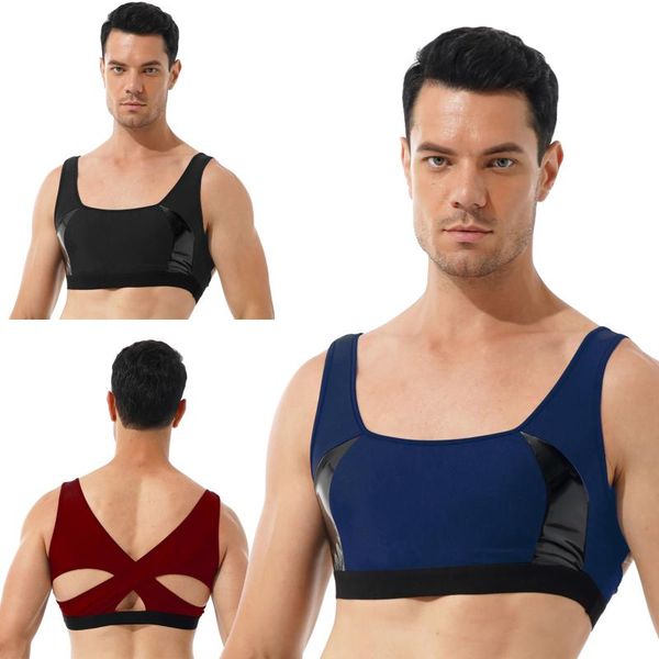 

men' tank mens patent leather patchwork cropped vest fitness workout sportswear u neck sleeveless crisscross hollow out back crop top, White;black