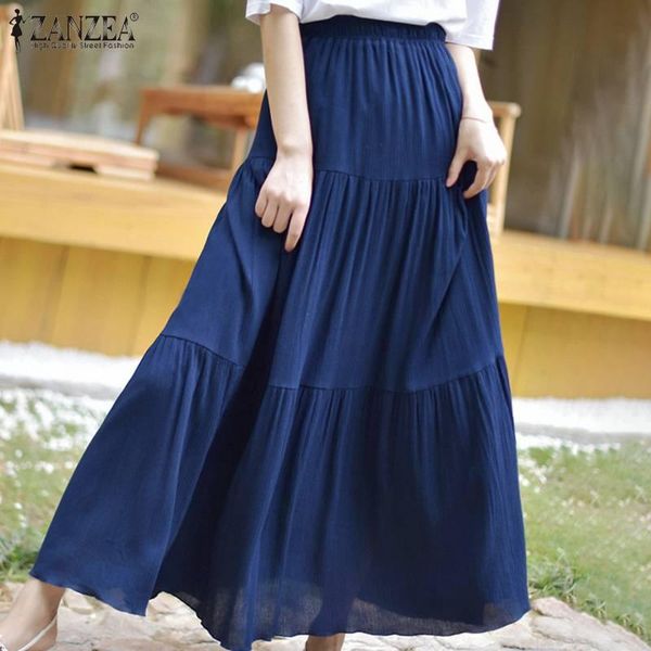

skirts women elegant ruffle 2021 summer high elastic waist beach holiday long skirt zanzea solid a line, Black