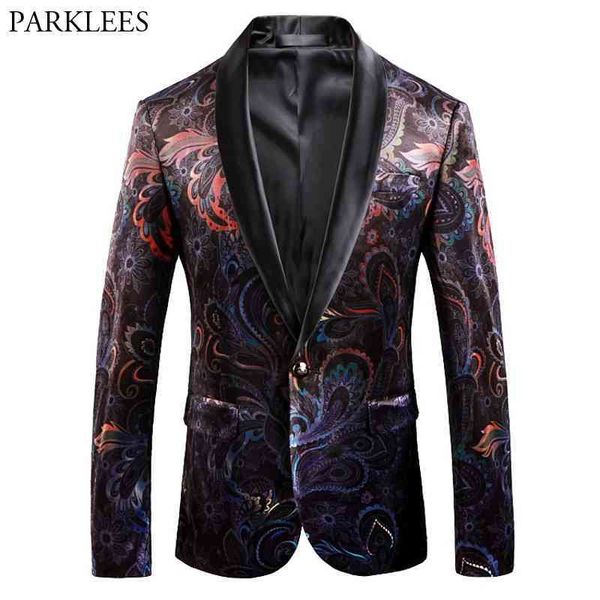 Mens Paisley Floral Scialle Risvolto One Button Abito elegante Blazer Design di lusso Slim Fit Wedding Party Festival Costume Homme 210522