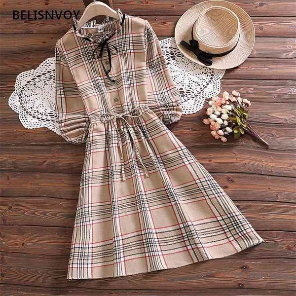 Mori Ragazza Primavera Autunno Abito Camicia Albicocca Plaid di Cotone Elegante Vintage Abiti Colletto Increspato Arco Dolce e Carino Abiti da Donna 210520