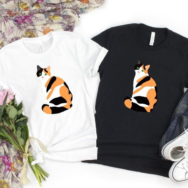 

women's t-shirt calico cat mom lover art portrait shirt kawaii fashion plus size o neck graphic mama 100%cotton short sleeve tees, White