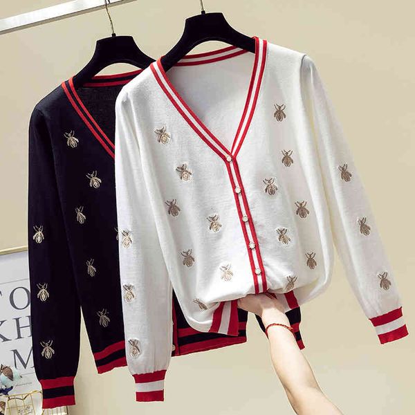 

tees designer mode of cardigan bees embroidered autumn mesh shirt with tightness v only breasted outwear female cardigans j2ex, White