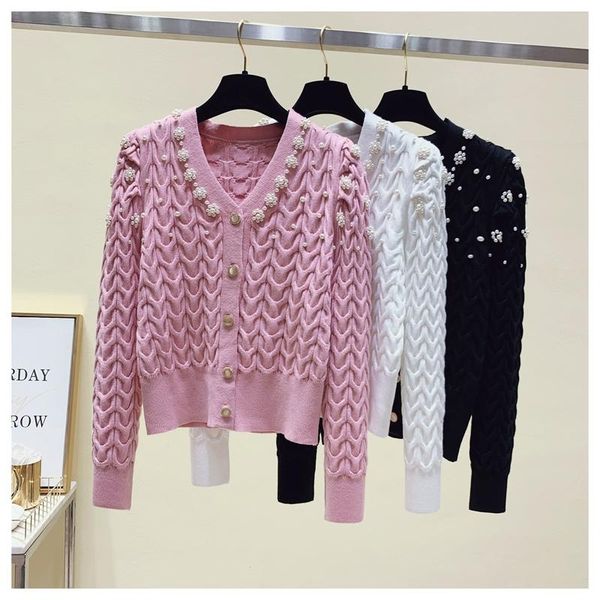 

women's jackets v-neck designer sweater coats loose knitted cardigan jacket autumn long sleeved beaded outerwear, Black;brown