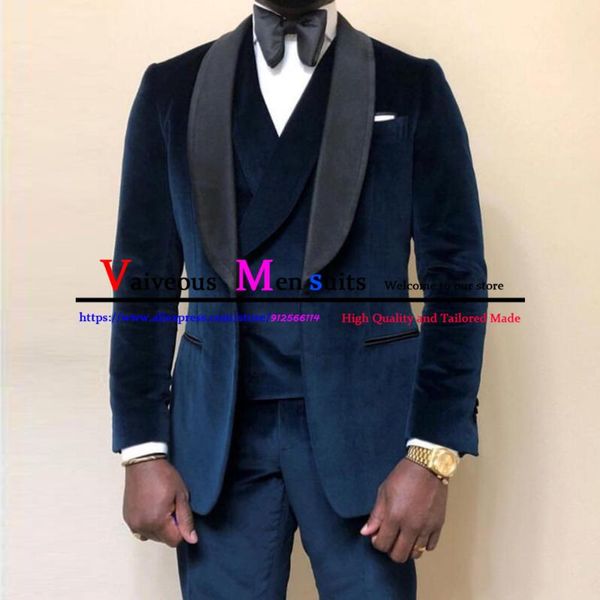 

men's suits & blazers 2022 navy blue velvet 3 pieces slim fit tuxedos groomsmen wedding party blazer masculino (jacket+pants+vest), White;black