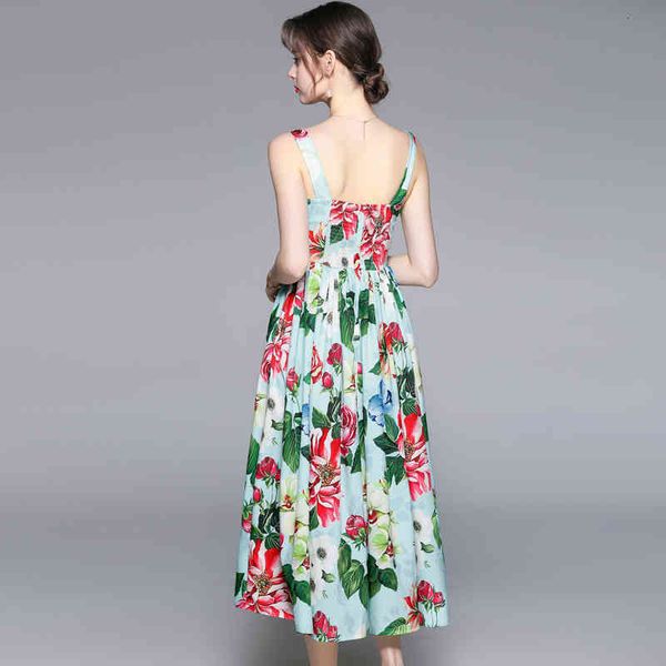 

casual dresses 2021 summer runway designer spaghetti strap women green flower print beading floral buttons long party dress vestdi, Black;gray