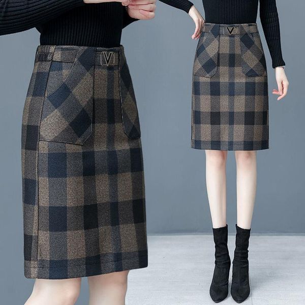 

skirts plaid autumn and winter elastic high waist slit woman faldas jupe, Black