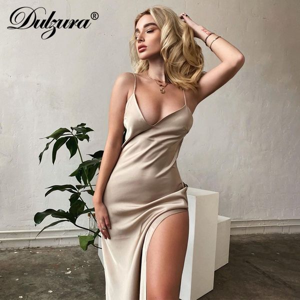 

satin women solid strap midi dress slide high slit v ne baless party elegant 2021 summer clothes fashion club, Black;white